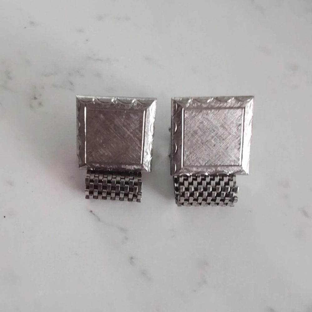 Vintage Silver Tone Mesh Wrap Cufflinks Mid Century Modern 1960s/70s